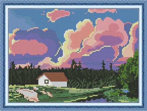 CROSSDECOR Stamped Cross Stitch Kits Pre-Printed in Aida Cloth Cross-Stitching 14CT Embroidery Starter Kits DIY Cross Stitch Kits for Adults,Rosy Clouds 30×21cm - color: Rosy Clouds 10.6×10.5in