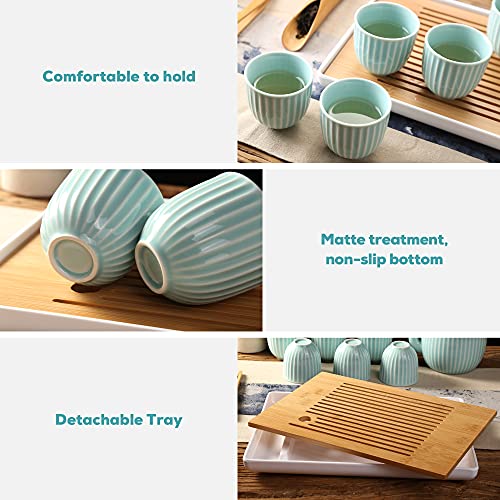 Dujust Japanese Tea Set, Cyan-blue Porcelain Tea Set with 1 Teapot Set, 6 Tea Cups, 1 Tea Tray, 1 Stainless Infuser, Asian Tea Sets for Adults/Tea Lover/Women/Men (Bamboo - Straight Grain Design) - color: Cyan-blue