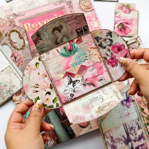 ZHIJIANHZ Junk Journal Kit Pink Romantic Ephemera Set for Scrapbooking - color: Reverie_Romance