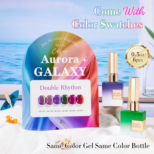 Double Rhythm Cat Eye Gel Nail Polish Set of 6 Same Color Same Bottle 0.5 Oz Shimmer Glitter with Magnet Holographic Reflective Magnetic UV Nail Polish Kit at Home (Aurora Galaxy Burgundy-T6-58) - color: Aurora Galaxy