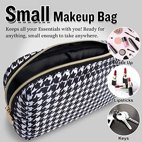 Nylon Small Makeup Bag for Purse, Cute Makeup Pouch Bag Preppy Cosmetic Zipper Pouch Purse, Portable Travel Toiletry Bag Clutch Makeup Brush Bag Organizer Storage for Ladies Girls(Black Houndstooth) - color: Black Houndstooth, size: Small