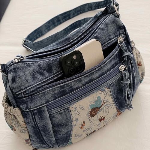 Black Denim Purse Crossbody Bags, Boho Hobo Crossbody Bags for Women, Casual Hippie Travel Purse with Lots of Pockets - color: Dark Blue