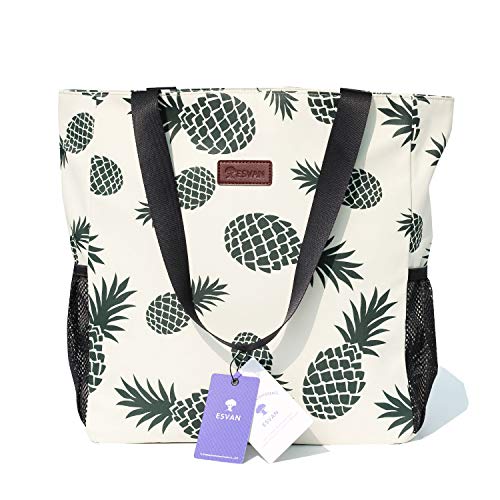 ESVAN Original Floral Water Resistant Large Tote Bag Shoulder Bag for Gym Beach Travel Daily Bags Upgraded - color: [H] Floral Leaf
