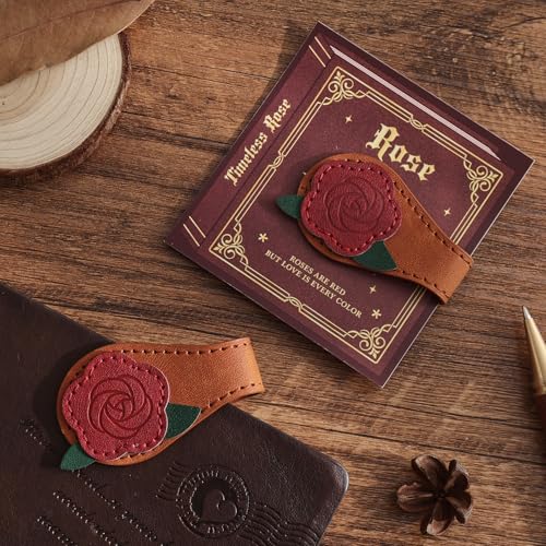 2PCS Vintage Magnetic Leather Bookmark, Leather Magnetic Bookmarks for Women, Magnetic PU Bookmarks Clip Book Accessories - style: Rose&Coffee