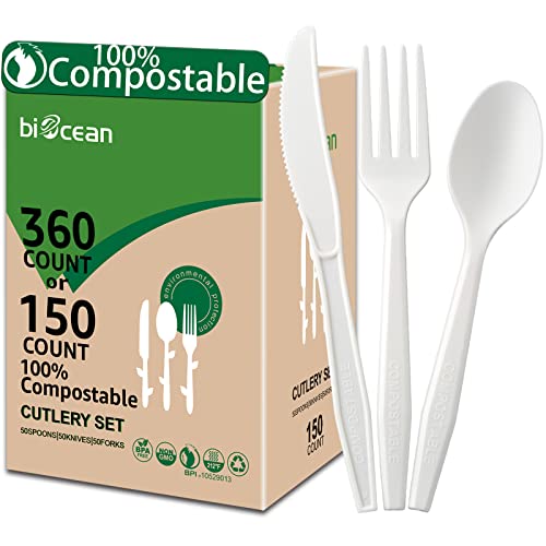 100% Compostable No Plastic Utensils - Heavy Duty Eco-Friendly Flatware for Lounge, Party, Wedding, BBQ, Picnic, Camping [Utensils Set, 360 Count] - size: Utensils Set 6.1-7IN