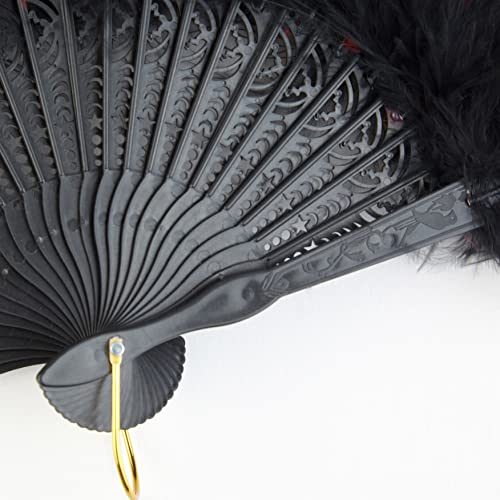 BABEYOND 1920s Marabou Feather Folding Hand Fan - color: Black&red-black Rib