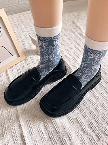Vintage Embroidered Floral Socks for Women Combed Cotton Crew Socks - color: 5 Pairs - Blue