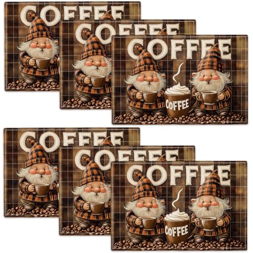 Coffee Gnomes Placemats Set of 6, Cafe Station Table Mats, Washable Place Mats for Coffee Bar Home Party Indoor Kitchen Dining Table Decor 12x18 Inch - color: Coffee Gnome, size: Set of 6