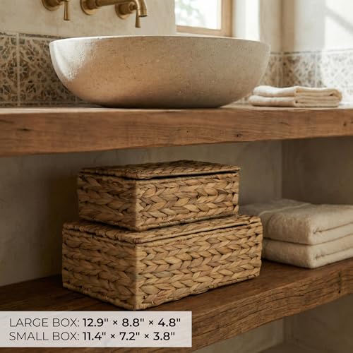 Decorative Storage Boxes with Lids - Set of 2 Wicker Organizer Shelf Bins