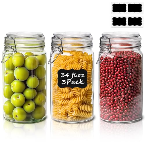ComSaf Glass Pantry Jars with Airtight Lids 34 oz 3 Pack Coffee Canisters - size: 34 fl oz x 3