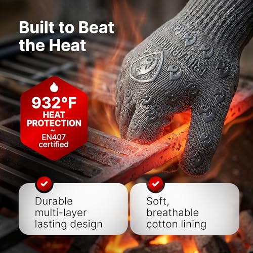 Oven Gloves with Fingers - 932°F Extreme Heat Proof and Cut Resistant Mitts for Kitchen, BBQ, Grill, Baking, Fire Pit - EN407 Certified with Non-Slip Silicone Grip and Cotton Lined for Comfort - color: Gray, size: Small Standard Cuff