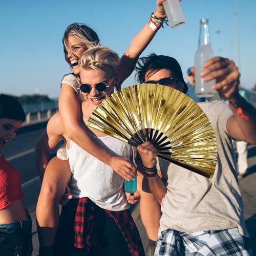 Vercraft 13" Folding Hand Fan Glitter Clack Rave Dancing,Gold,Laser - color: Gold, style: Laser