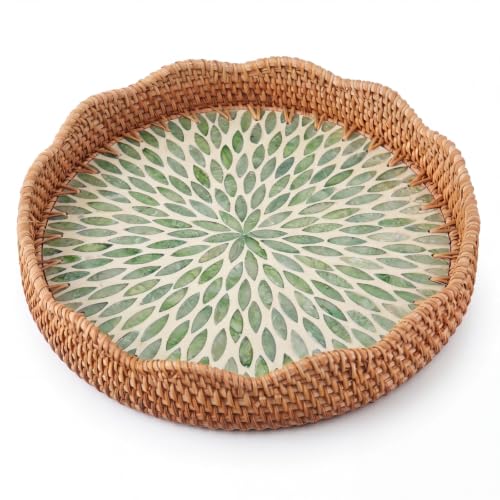 12 Inch Round Rattan Tray Mother of Pearl Inlay, Leaf Style - style: Leaf Style
