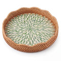 12 Inch Round Rattan Tray Mother of Pearl Inlay, Leaf Style - style: Leaf Style