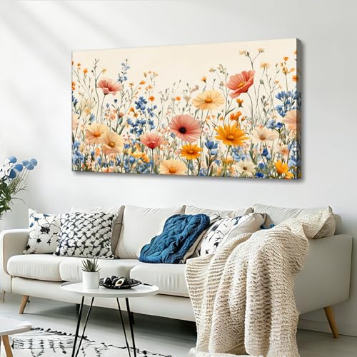 KZKU Wall Art Floral Canvas Print Wildflower Garden Pink Yellow Blue Watercolor style Flower Picture for Bedroom Living Room Artwork Home Wall Decoration 20x40in - color: Multicolor/floral, size: 40"L x 20"W