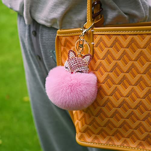 Faux Rabbit Fur Pom Pom Keychain with Fox Head - color: Pink