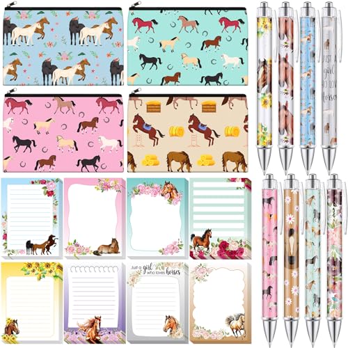 Eaasty 20 Pieces Horse Gift Set Sticky Notes with Pens, Pencil Bags Makeup Bags Animal Lover Gift, 3 x 4 Inches Cute Note Pads, Funny 1.0 mm Ballpoint Pens, Office Supplies for Women - style: Horse
