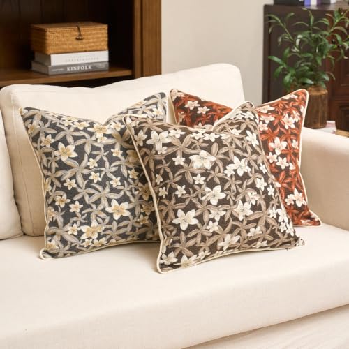 Aeckself Neutral Floral Pillow Cover 18 x 18 Inch, Vintage Chenille Square Throw Pillow Cover Soft Home Decorative Farmhouse Accent Couch Pillow Cover for Living Room Bedroom, Brown - color: Brown, size: 18" x 18" (Pack of 1)