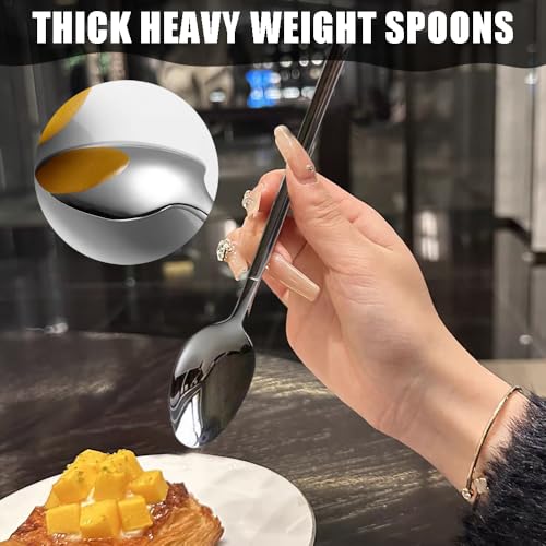 MIUPOO Stainless Steel Dinner Spoons Set,Long Handle Table Soup Spoon Set,Asian Korean Spoons with Long Handles,Thick Heavy Weight Silverware,8.5Inches,4 Pieces,Silver