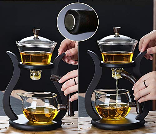 RORA Glass Teapot Set Semi Automatic Drip Rotating with Infuser Lazy Kungfu Tea pot Set (Bamboo) - color: Wooden, size: teapot