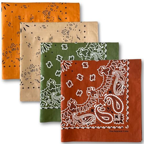 The Peacock Crew Premium Soft Cotton Bandanas Pack for Men and Women Paisley 22 x 22 inches - color: Pack of 4 Earthy Essentials