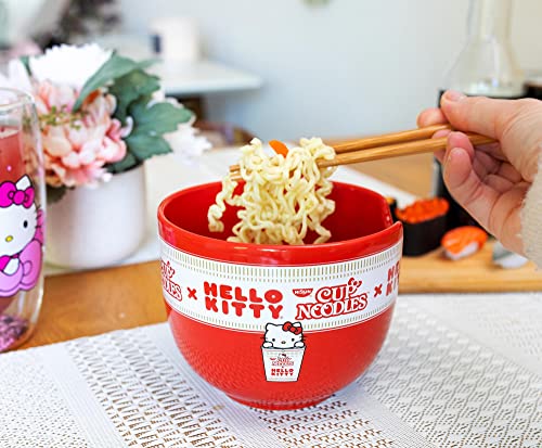 Silver Buffalo Sanrio Hello Kitty x Nissin Cup Noodles Red Ceramic Dinnerware Set | Includes Ramen Noodle Bowl and Wooden Chopsticks - color: Red