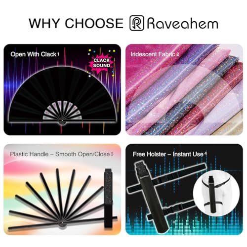 13" Large Folding Rave Fan with Holster, Clack Hand Fans Foldable for Line Dancing for Women Men Festival EDM Party Decoration, Holographic Pink 2 Pack - color: Holographic Pink