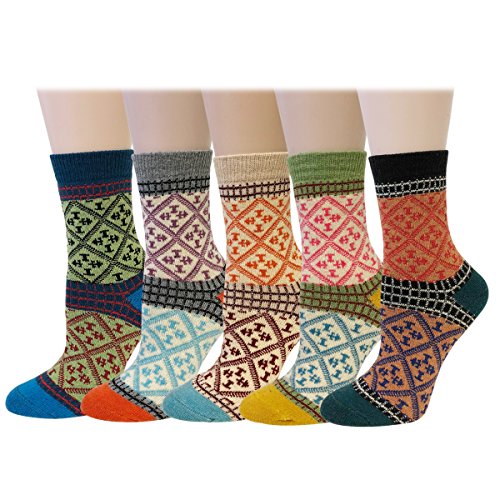 Bowbear Women’s 5-Pair Vintage Pattern Wool Socks - color: Emblem, size: 9-11