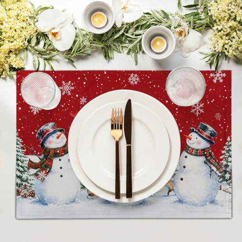 Giwawa Christmas Snowman Placemats Set of 4, 12x18in Xmas Green Trees Red Birds Linen Place Mat, Winter Snowflakes Heat Resistant Washable Table Mats for Kitchen Dining Seasonal New Year Decor - color: Christmas Snowman