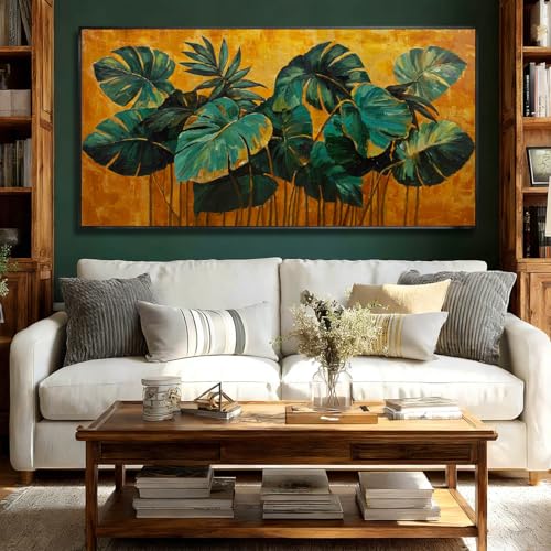 SOUGUAN Canvas Print Wall Art Green Gold Tropical Palm Leaves Nature Wilderness Illustrations Modern Art Rustic Wall Decor Pictures Artwork 24"x48" for Living Room - color: SOUGUAN-LSY60120, size: 48"L x 24"W