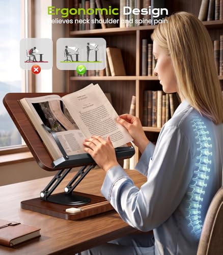LOXP Book Stand with Storage, 360° Rotating Cookbook Stand, Ergonomic