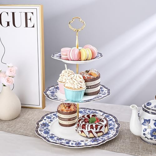 fanquare 3-Tier Elegant British Blue Floral Porcelain Cupcake Stand - color: Blue Cake Stand