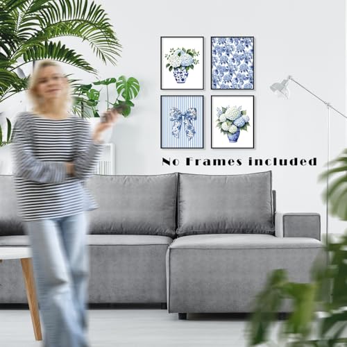 LUKIPOM Blue Chinoiserie Hydrangea Wall Art Poster,Blue and White Coquette Grandmillennial Floral Canvas Wall Decor Gifts for Women Teen Girls Home Bedroom Living Room， 8x12inin Set of 4 Unframed - color: Color 014