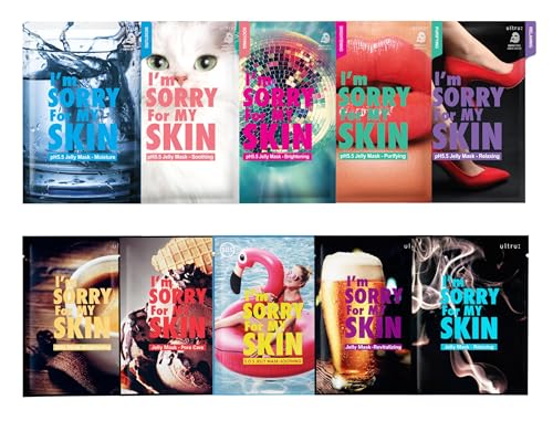 I'M SORRY FOR MY SKIN Jelly Mask Full Set for Skin Stress Relief, Korean Skin Care Travel Essentials Kit, K-Beauty Hydrating Face Mask Sheets, Gifts for Women (Pack of 10) - color: Pack of 10