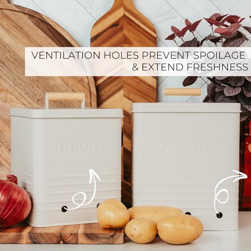 Beautiful Potato and Onion Storage Container Set - Food Safe Metal Bins - color: Cream