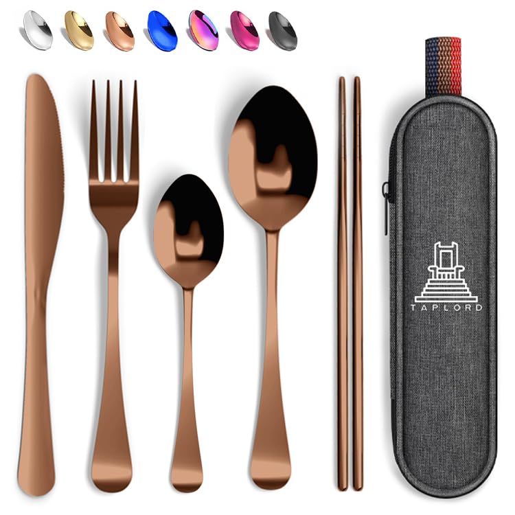 Travel Utensils With Case, 5 Pcs portable silverware set (Rose Gold) - color: Rose Gold, size: 5 Pieces