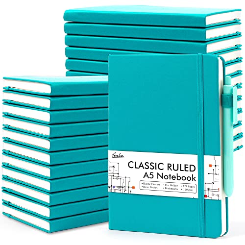 24 Pack Journal Notebook for Work, Feela Business Notebook Bulk Hardcover Lined Writing Journal with Pen Holder for Men Women Note Taking, with 24 Black Pens, 120 GSM, 5.1”x8.3”, A5, Emerald - color: 24 Pack emerald