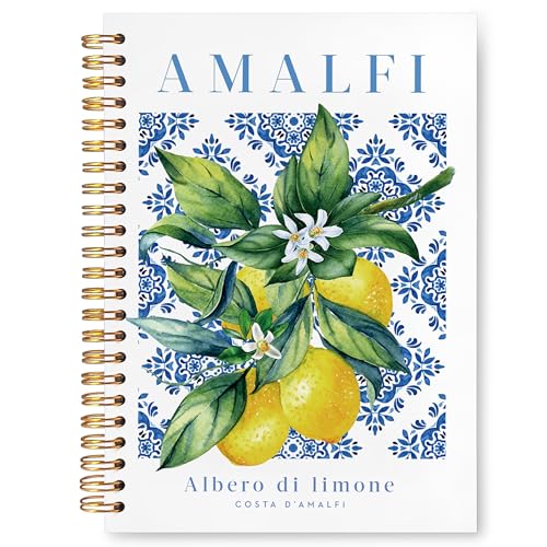 VIIJJUE Italian Amalfi Coast Lemon Notebook Journal, Blue and White Floral Mediterranean Tiles Lemons Tree Gifts Notebook , Hardcover Spiral Journal 5.5x8.3 Inch - color: lemon-01