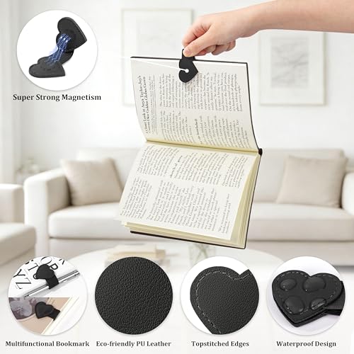 2Pcs Magnetic Leather Bookmarks with Pen Holder Gift Box, Heart-Shaped Magnetic Book Marks for Book Lover Readers Cute Leather Bookmark for Women Girls (Black) - color: Black