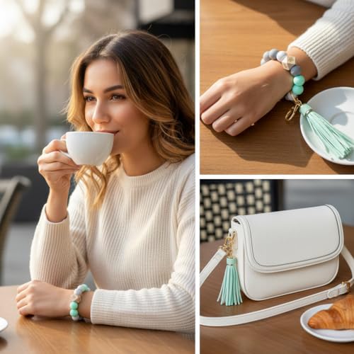 BIHRTC Key Ring Bracelet Car Keychain Holder Wristlet Silicone Women Beaded Bangle Chains - color: Green