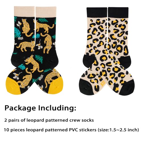2 Pairs Cartoon Animal Crew Socks Fun Cotton Mid Calf Socks for Women - color: Leopard