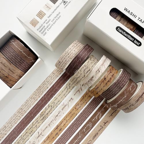 Vintage Washi Tape Set 8 Rolls Thin Retro Decorative Antique Patterns Masking Tapes for Arts, DIY Crafts, Journals, Planners, Scrapbook, Wrapping (Handwritten Text) - color: Handwritten Text