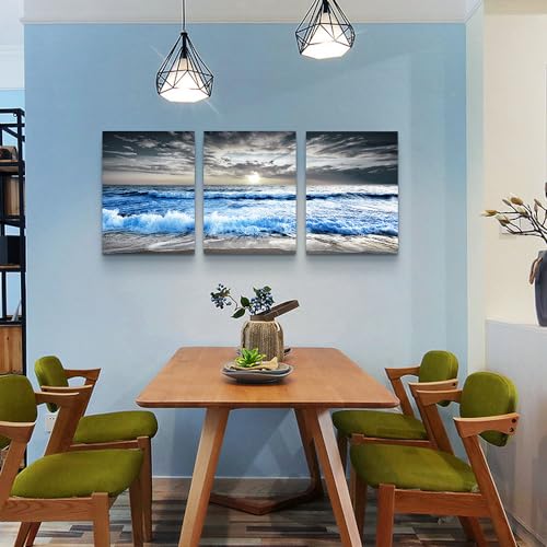 MHARTK66 3 Piece Canvas Wall Art - Blue Ocean Wave Seascape Pictures - Bedroom, Living Room, Office Wall Decor - Modern Home Decor - color: Blue Sea Waves Wall Painting, size: 12x16inches*3pcs