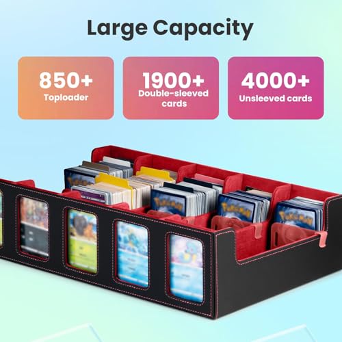 Trading Card Storage Box with Commander Display, 5-Row Deck Case with Removable Lid & Handle, 4000+ Card Organizer with 48 Colorful Dividers & 5 Stoppers for MTG, Black & Red - color: Black & Red, size: 4000+, with Handle