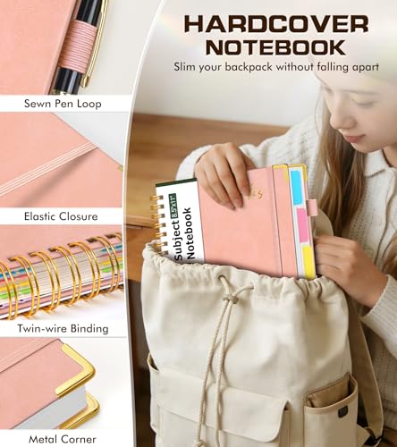 Hardcover Spiral Notebook Journal 8.5" x 11" Leather 5 Subject Notebook with Removable Dividers Tabs, 300 Pages Organizer Notebooks for Work School, College Ruled, Large Lined Journal for Women,Pink - color: Pink, size: A4