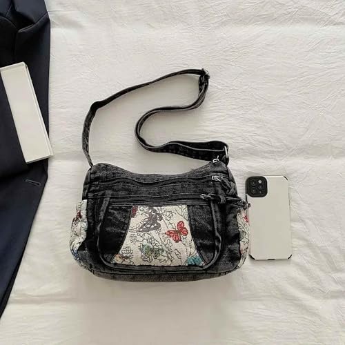 Black Denim Purse Crossbody Bags, Boho Hobo Crossbody Bags for Women, Casual Hippie Travel Purse with Lots of Pockets - color: Style2-black