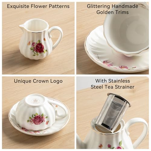 Porcelain Tea Sets British Royal Series, 8 OZ Cups & Saucer Service for 6, with Teapot Sugar Bowl Cream Pitcher Teaspoons and Tea Strainer, Suitable for High Tea, Wedding, Party (Midsummer Rose) - color: Midsummer Rose