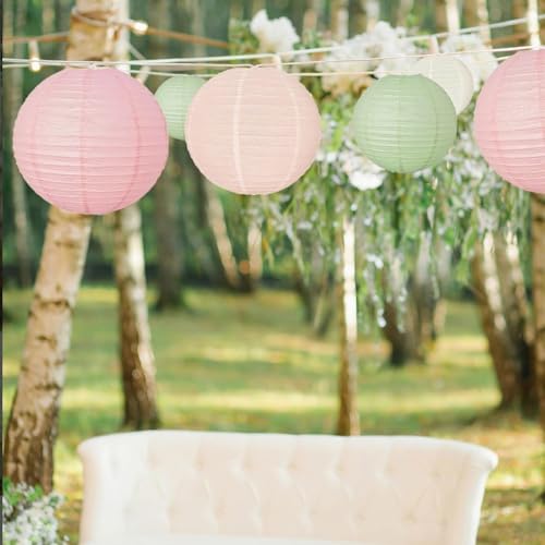 Sage Green Pink Paper Lanterns Decorative 12pcs Wedding Hanging Decorations for Bridal Shower Birthday Rustic Party Neutral Baby Shower Sage Green Home Decor - color: sage green,pink,gold,white
