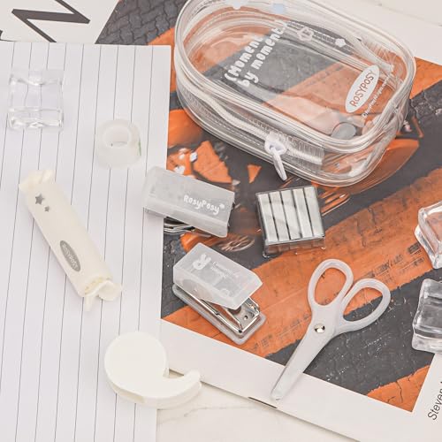 7-Pieces Clear Desk Organizer Set - with Stapler, Hole Punch, Tape Dispenser, Scissors & Highlighters, Transparent Office Supplies Kit for Home Office, School & Workspace - color: White