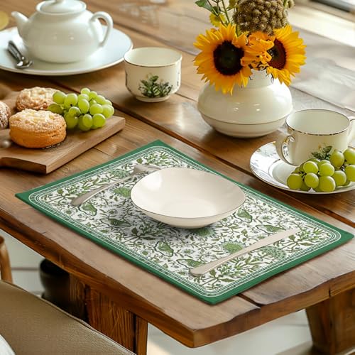 Green Floral Boho Placemats Set of 4, 12x18 Inch Vintage Chinoiserie Block Print Place Mats Seasonal Spring Summer Rustic Farmhouse Table Mats for Party Kitchen Dining Outdoor Indoor Decor - color: Boho Floral Green